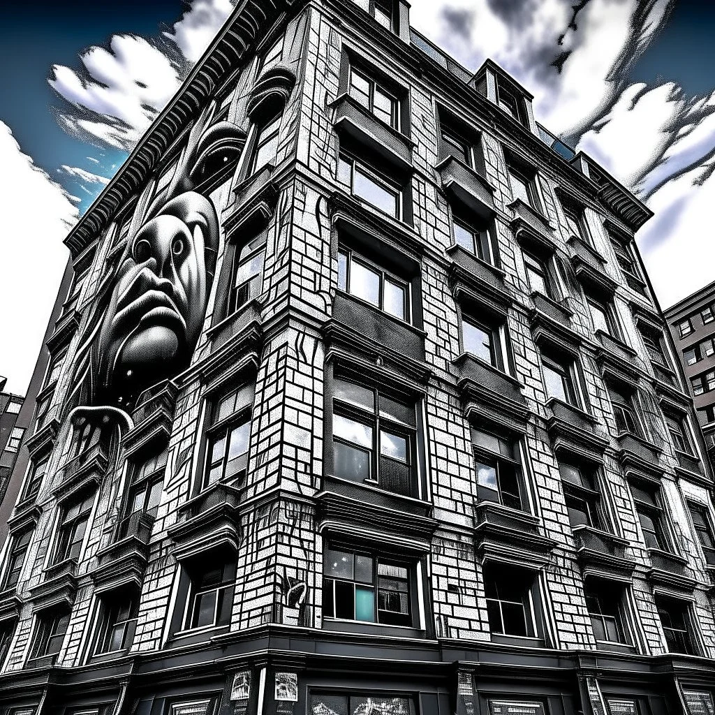 nyctophobia nightmare, surreal graffiti art on building side, by Phlegm, mind-bending illustration; asymmetric, 2D, dramatic, sinister