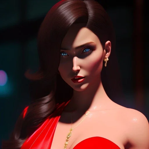 Beautiful curvy Girl in a red dress, photorealistic, shiny skin,fantasy art style, 8k resolution, ultra detailed, rendered, unreal engine 5