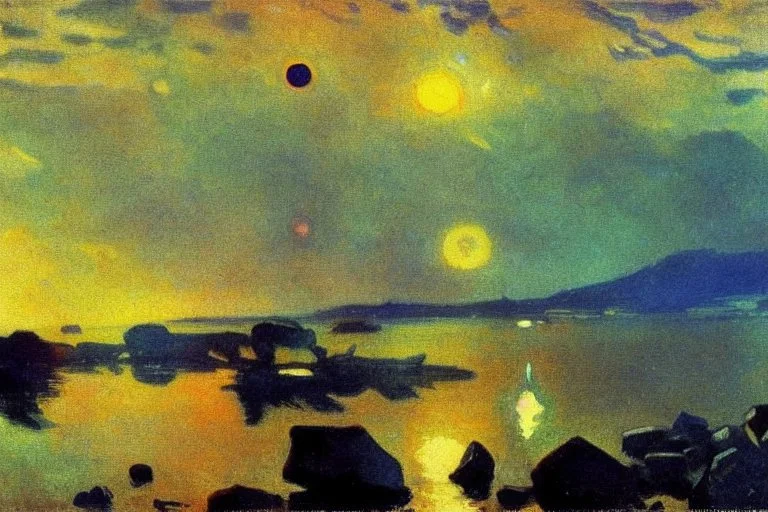 Exoplanet in the horizon, stones, lake, science fiction, movie wallpaper, lesser ury and konstantin korovin painting