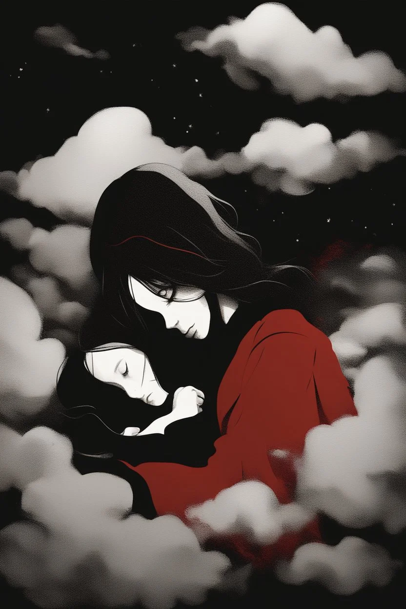 Silhouette, a girl sleeping in the clouds, moody sad dark atmosphere, black background, dark paintbrush, Red over black, 2D