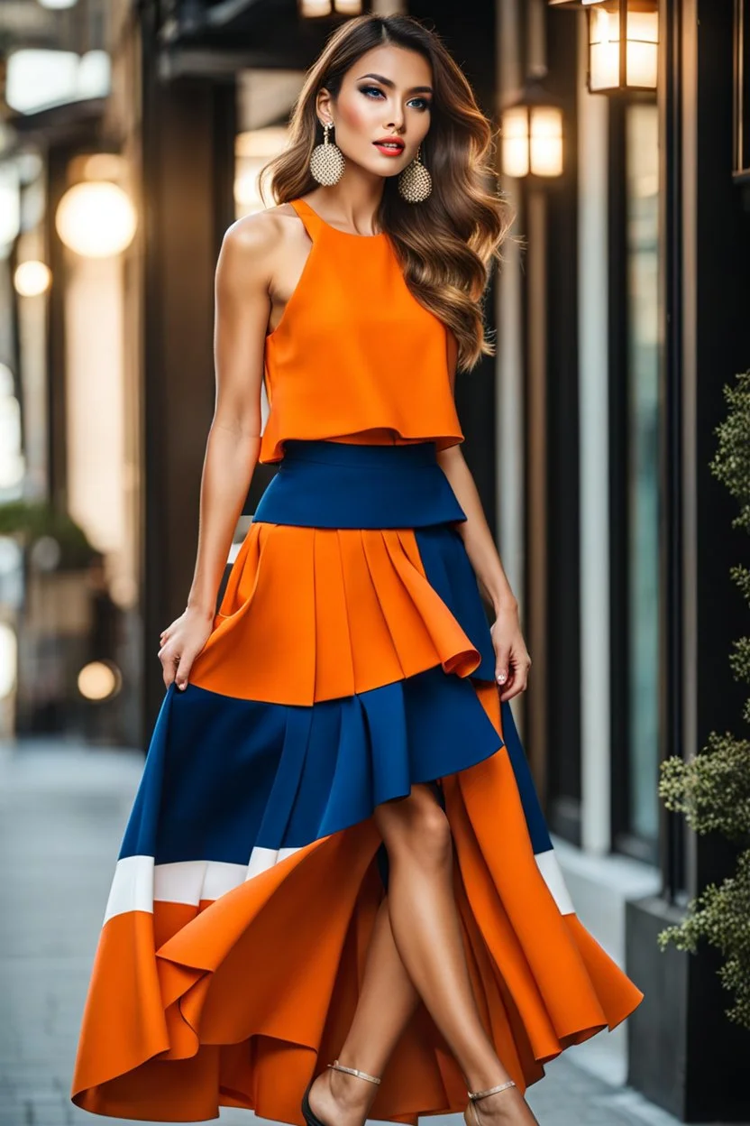 fullbody shot of young-beautiful-ozbek-with-a-perfect-face-with-make-up-wearing-orange top and midi pleated blue skirt