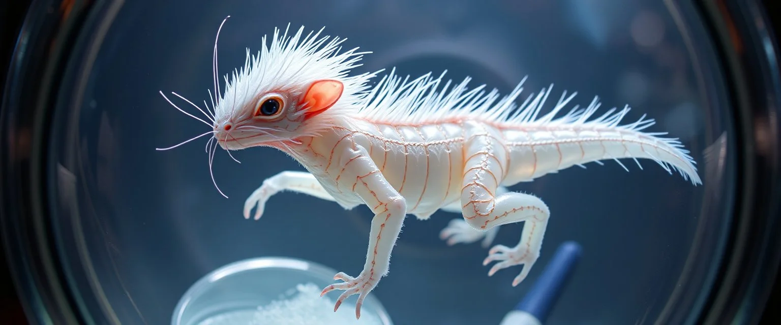 The image depicts a fantastical monkey squirrel snow soup, specifically a transparent with neon plasma aura, with a unique and whimsical appearance. The shrimp spider dragon is positioned in a circular frame, which suggests it might be inside a container or a vessel. The body is elongated and has a segmented appearance, with a detailed texture that gives it a realistic look. Its head is covered with white, spiky hair, adding to its fantastical charm. From the weird dragon lab.