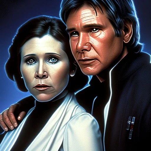 old carrie fisher embracing harrison ford, waist up portrait, photorealistic faces, intricate, oil on canvas, masterpiece, expert, insanely detailed, 4k resolution, cinematic smooth, intricate detail , soft smooth lighting, soft pastel colors,