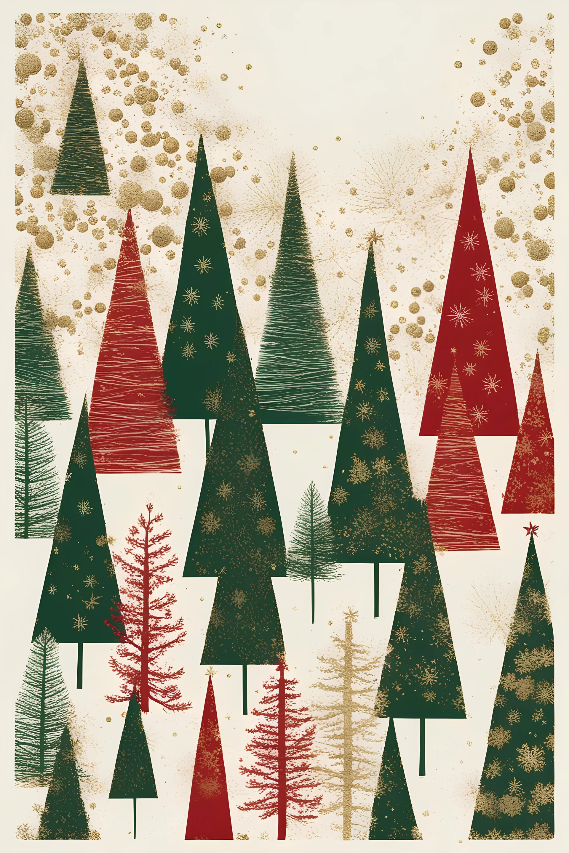 christmas card for relatives, elegant colours, dark green and red and gold, many christmas trees in the dark, scetched style, no snow,