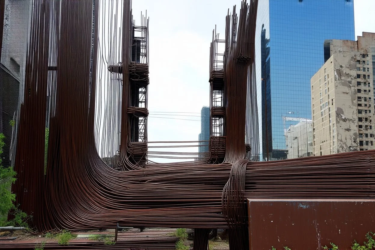 your creativity versus my imagination, tectonic cityscape clove, |steel hot, puṣkaracūḍa, made of scrap metal and rusty wires, great verticals, perfect parallels, industrial vibe, police juxtaposition