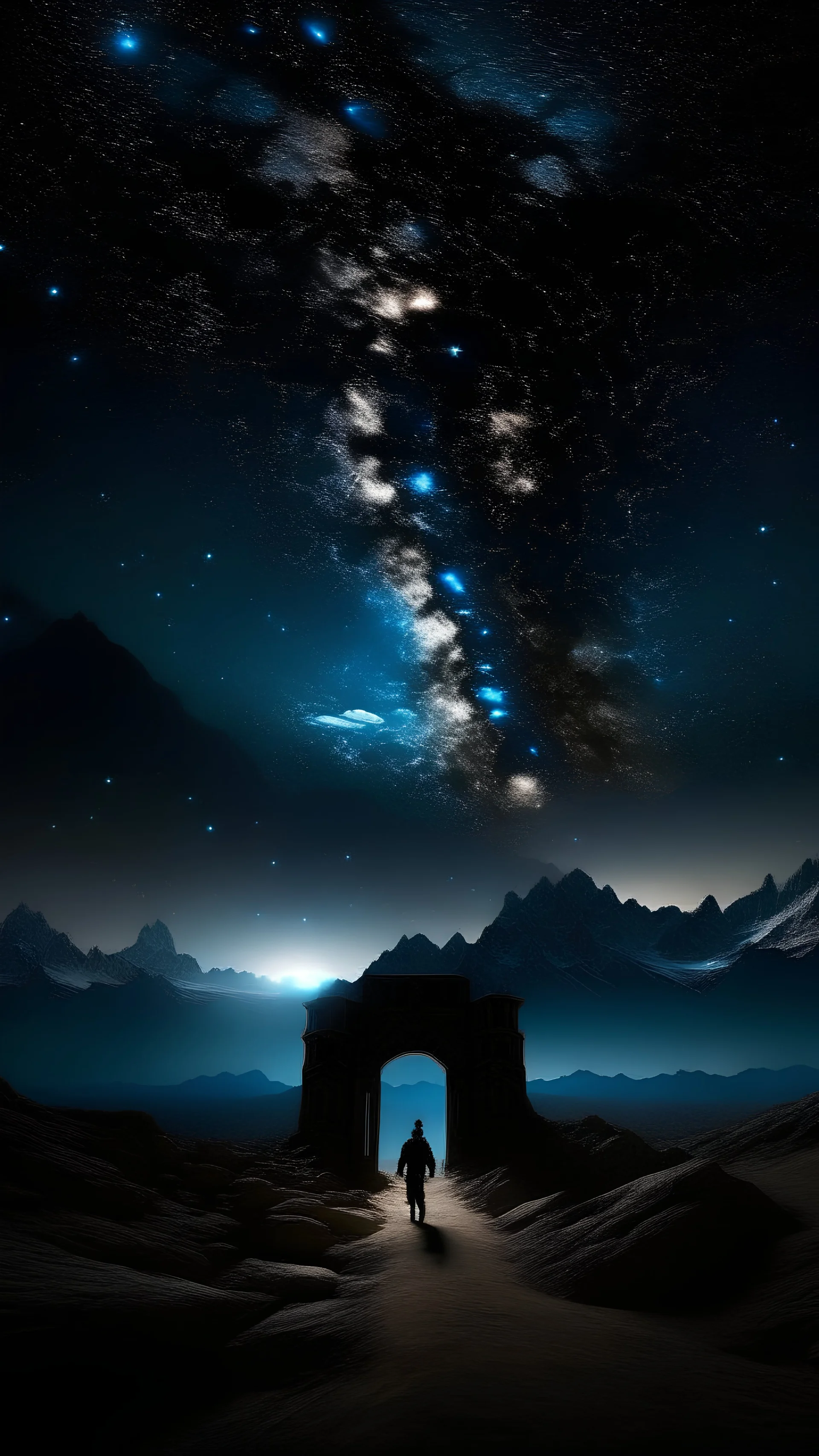 with his back in the door to heaven, galaxy, infinity, space, water , statue , An otherworldly planet, bathed in the cold glow of distant stars. The landscape is desolate and dark, Khikhani Fortress. . The landscape is desolate and dark, with jagged mountain peaks