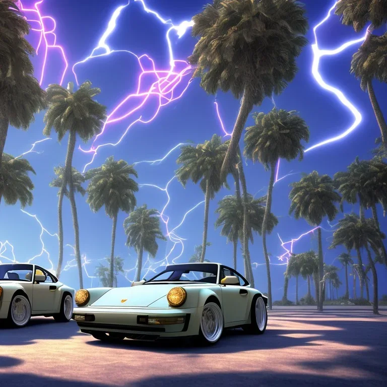 1980's aesthetic vaporwave palm trees and spheres and Porsche with lightning