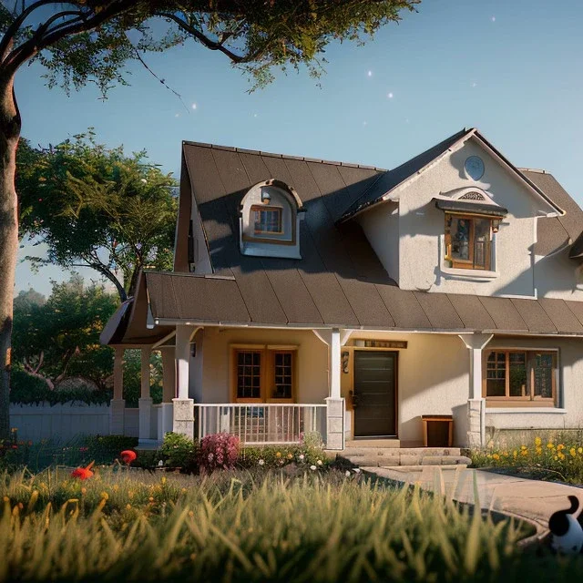 Cartoon pet with a smiley looking at a small house|mdjrny-v4 style| wide angle| intricate detailed| hyperrealistic| cinematic lighting| cinematic colors|hdr | unreal engine