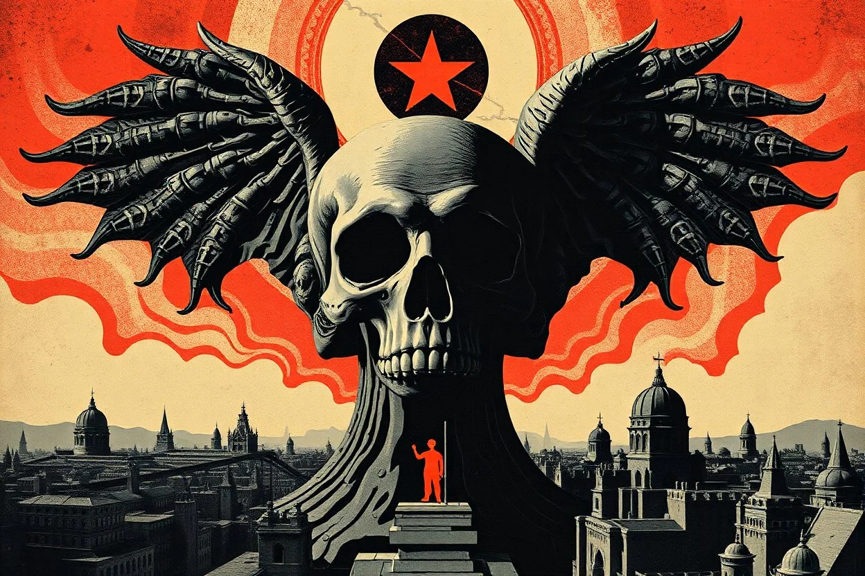 propaganda poster in the style of Rembrandt, Escher and Giger