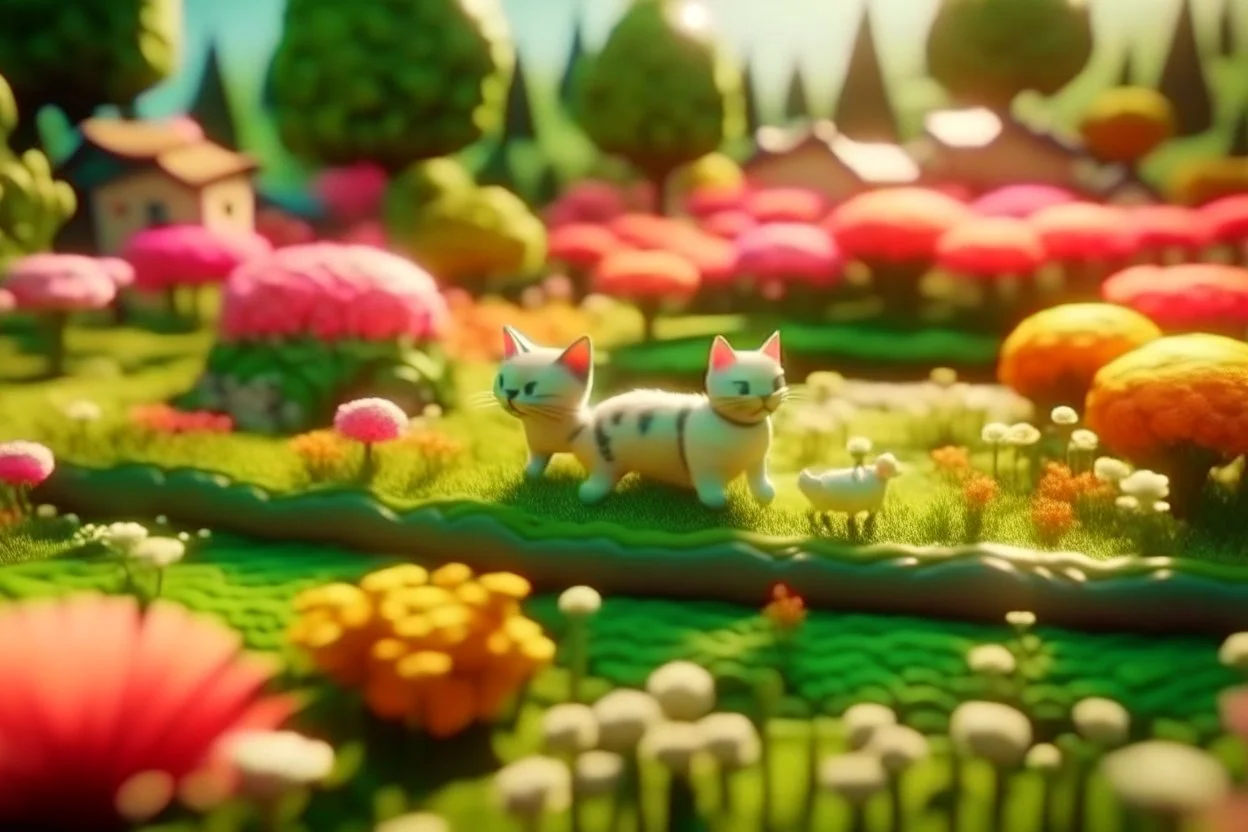 top view of a miniature flower farm scene with cute chibi anime gardener cats tending to the flower fields S<AI in sunshine, photorealistic, 3D, ethereal, cinematic postprocessing, bokeh, dof