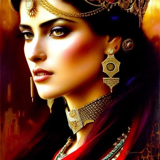 portrait beautiful face queen of Sheba ,busty,medieval metal armor balanciaga fashion clothe painting by gaston bussiere, greg rutkowski, yoji shinkawa, yoshitaka amano, tsutomu nihei, donato giancola, tim hildebrandt, oil on canvas, cinematic composition, extreme detail,fit full head inside picture