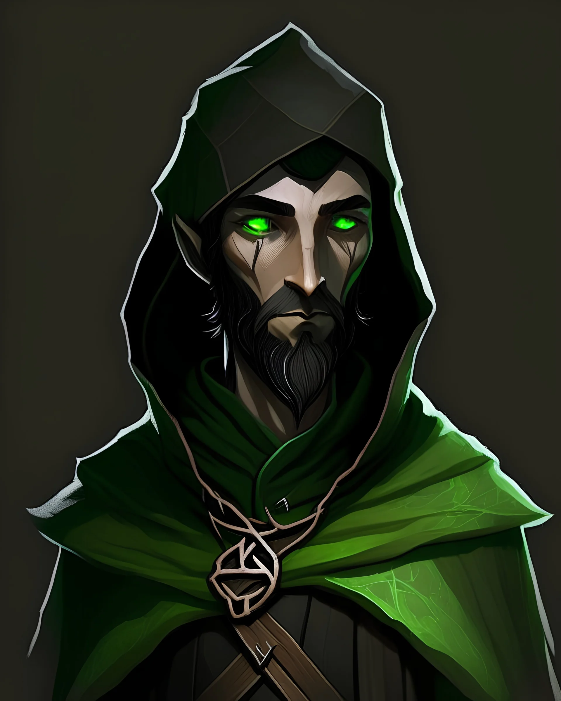 Bronin is a younger wood elf. He is very stoic. He has slightly tanned skin. He has a black beard. His left eye is gone and is replaced with a green sphere that glows a bright green. He wears very basic black robes. His black hood goes over his head. He has a black cape. His left arm has a green spiraling tattoo and a black arm wrap around his hand and forearm. his right arm is missing and has been replaced with a wooden prosthetic. The arm looks like the branch of a tree.