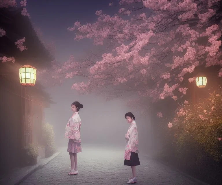 misty foggy area with a girl in a floral kimono in the middle of a bright japanese village at night