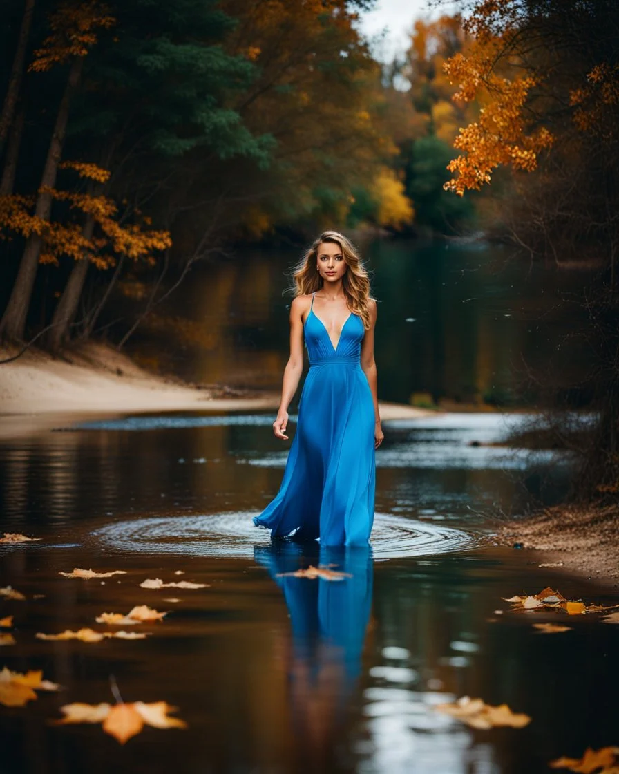 beautiful girl in pretty blue dress walking in water toward camera in trees next to wavy river with clear water and nice sands in floor.camera capture from her full body front,fall environment ,fallen leaves