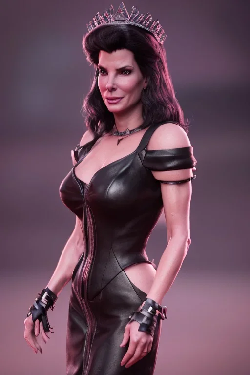 Sandra Bullock as evil queen in black leather gown, angry, busty, curvey, cleavage, unreal 5, octane render,cinema4d, dynamic lighting, dramatic lighting, 4k, redshift render, highly detailed, hyper realistic