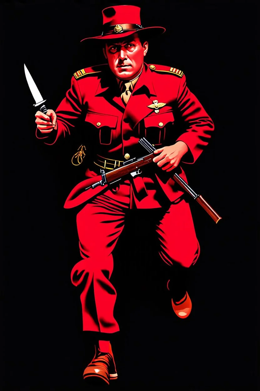 poster of a soldier(uniform and face based on racist steriotypes of mexican soldiers) running towards viewer, a knife i one hand, and a gun(barrel pointing at viewer) in the other. retro poster monochrome with white background