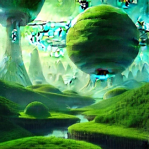 Crie uma imagem de uma paisagem futurista com elementos verdes proeminentes. Imagine uma cidade futurista florescendo com a natureza, talvez com prédios flutuantes entre as árvores ou vegetação exótica crescendo em estruturas futuristas. A paisagem deve ter um ar futurista e tecnológico, mas também deve ser vibrante e cheia de vida verde. Considere inspiração em universos de ficção científica, como Star Trek