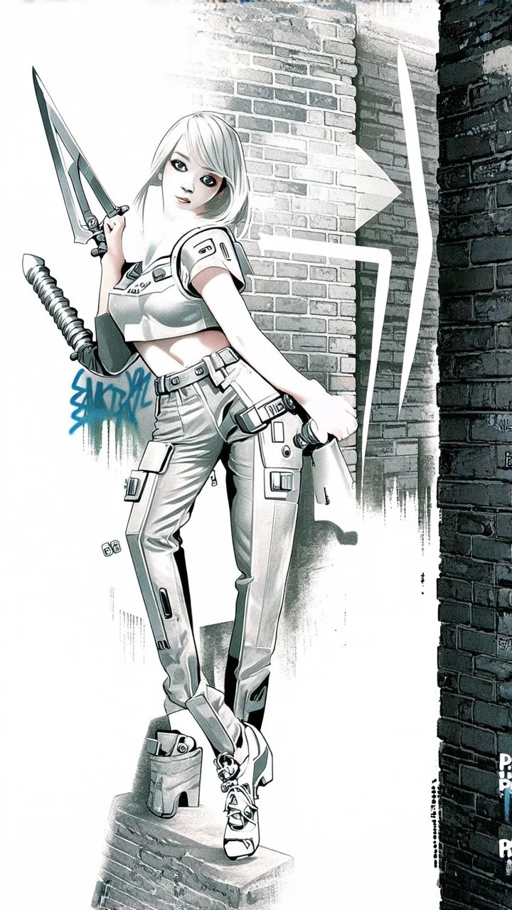 teen woman in retro-futurist cyberpunk costuming with pants and sheathed swords leaning to the side with shoulder against a brick pillar, add a background of brick with graffiti of a large arrow pointing to the right and text of the word "PUB" on lower left