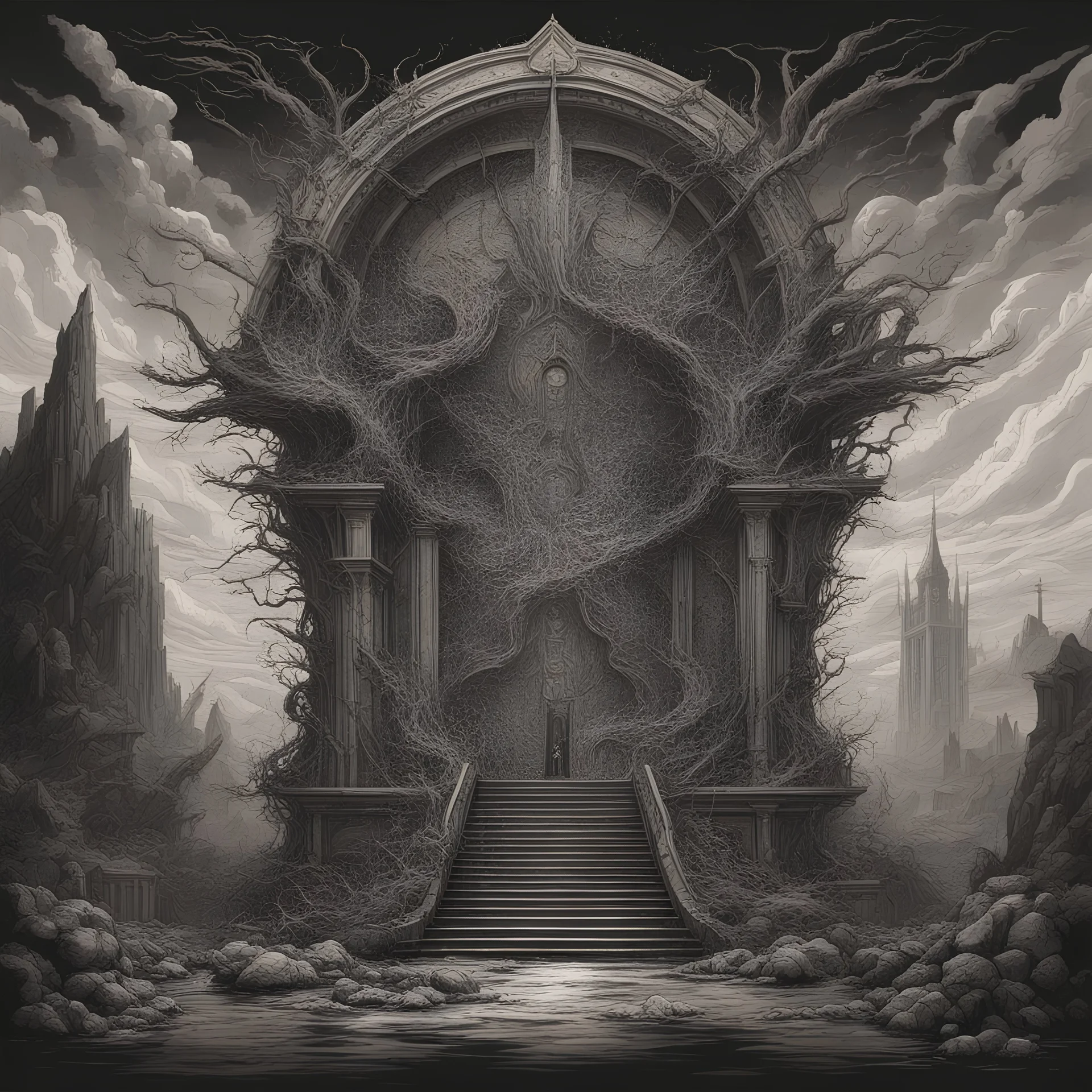 Generate a visually striking artwork that depicts an altar of blood and vampirism drawing inspiration from dark mythology and biblical references. Incorporate elements of chaos, destruction, and a foreboding atmosphere.