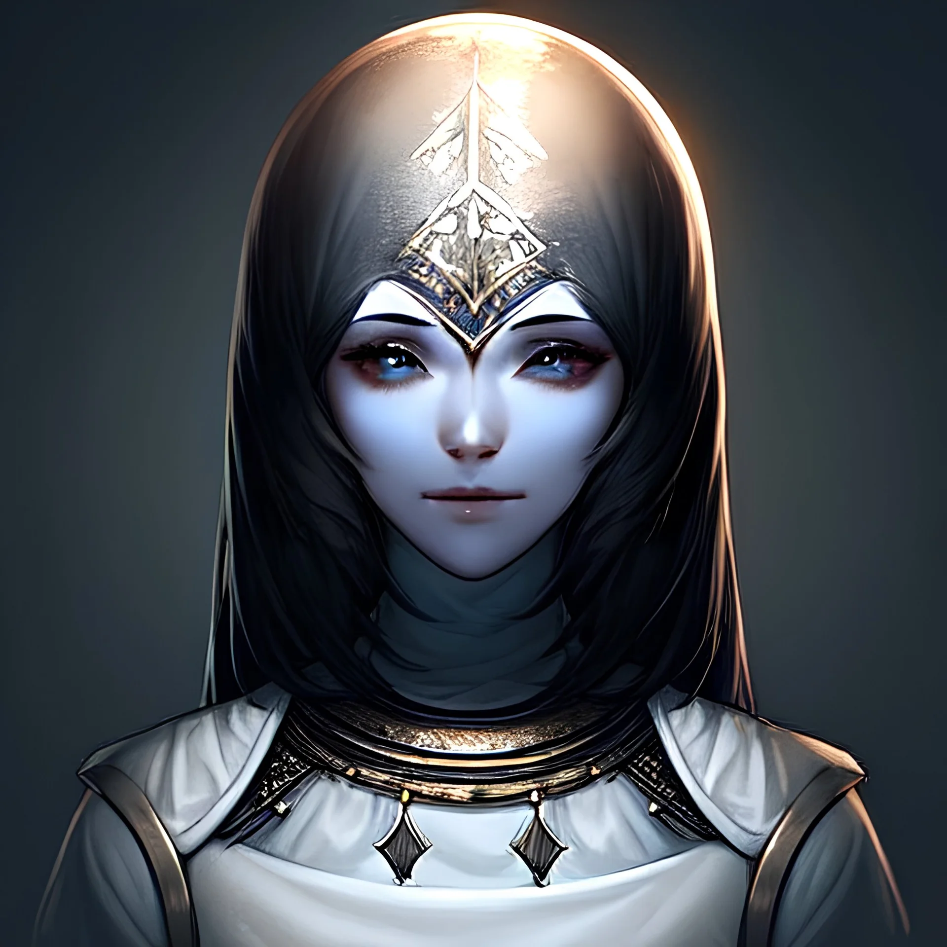 God, Moon King, female, silver skin, portrait, max detail, hd, dark hair, dark souls style, detailed eyes, eye color blue