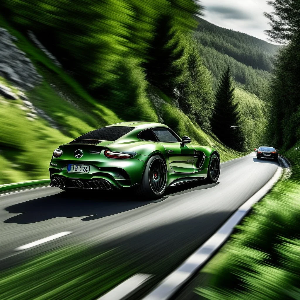 A mercedes Benz AMG GT R going uphill on a twisting narrow mountain road