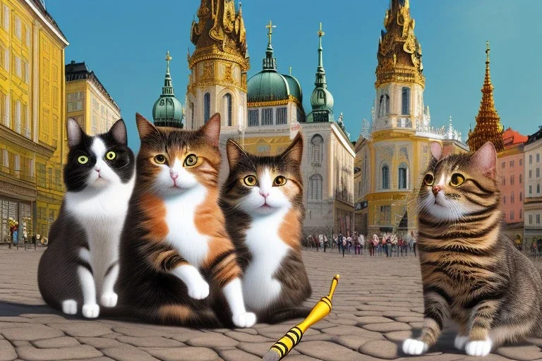 Group of three mature cats musicians, one cat playing guitar, one cat playing drums, one cat holding microphone and singing, street, Vienna, smiling, sunny day, model style, hyper realistic, extremely accurate, delicate, extremely detailed, Graphic novel style, wide-angle, open aperture, superfine pencil