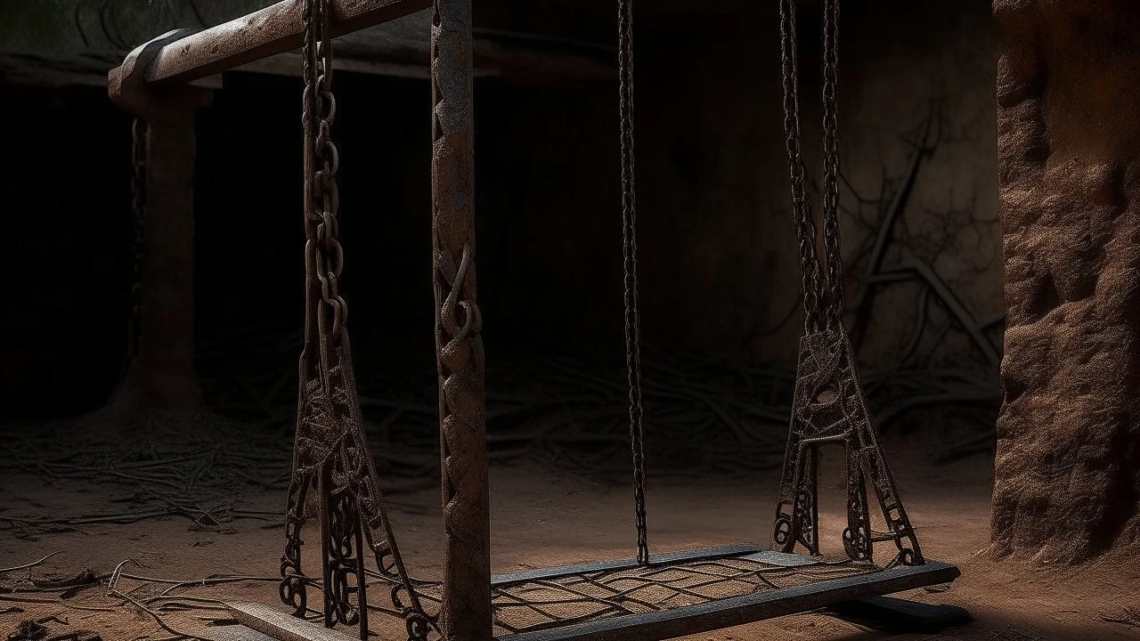 The unbalanced swing rail creaks under the weight of a monstrous glyph, its ancient symbols and intricate patterns etched into the rusted metal, waiting to be unleashed in a haunting and otherworldly rendering.