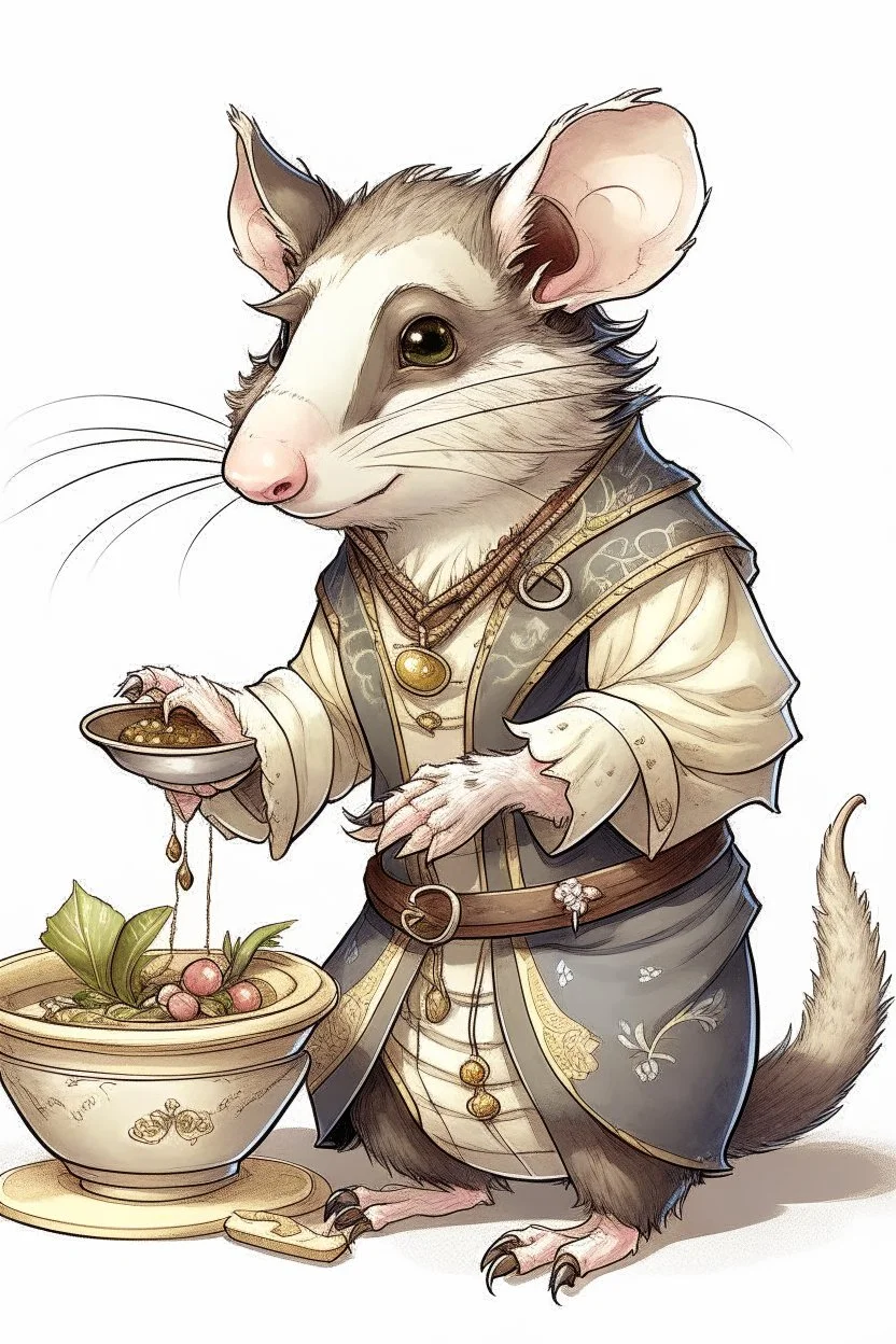 A drawing of a cute opossum in a male medieval maid outfit. he has potions on his belt and is holding some food on a plate.