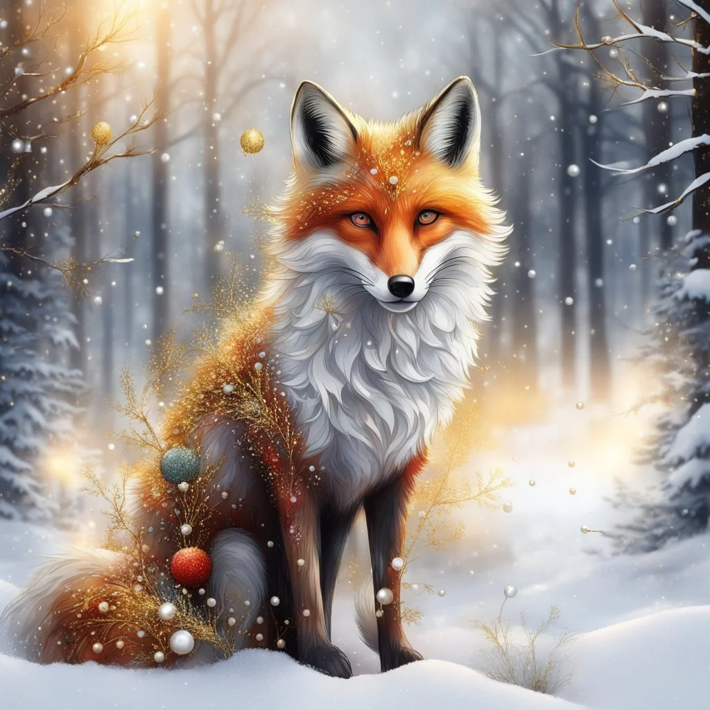 Masterpiece 3D render digital art, Sprinkle alcohol ink effects , a sprig of berries over a beautiful standing fox with a bushy tail, standing in the snow, backdrop forest winter landscape, insanely beautiful face , silver and gold snow swirl in background, pearls and beads and gold lines