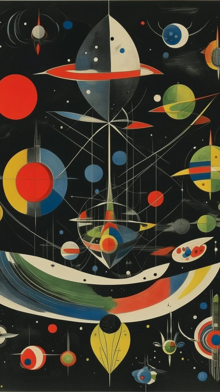 A black outer space with UFOs made out of iron designed in Chinese paper art painted by Wassily Kandinsky