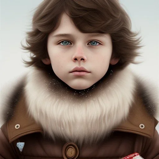 Portrait of boy child with brown hair and with cute face, north pole snowy vibe , perfect composition, hyperrealistic, super detailed, 8k, high quality, trending art, trending on artstation, sharp focus, studio photo, intricate details, highly detailed, by greg rutkowski