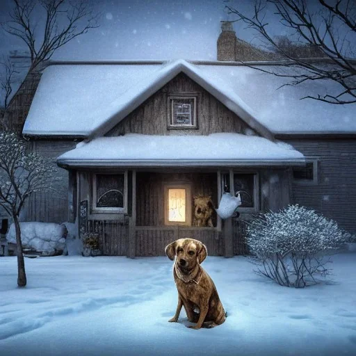 portrait of sad, scared, lonely dog tied with a short leash in front of house, winter, 8k resolution, high-quality, fine-detail, intricate, digital art, detailed matte, volumetric lighting, illustration, 3D octane render, brian froud, howard lyon, selina french, anna dittmann, annie stokes, lisa parker, greg rutowski