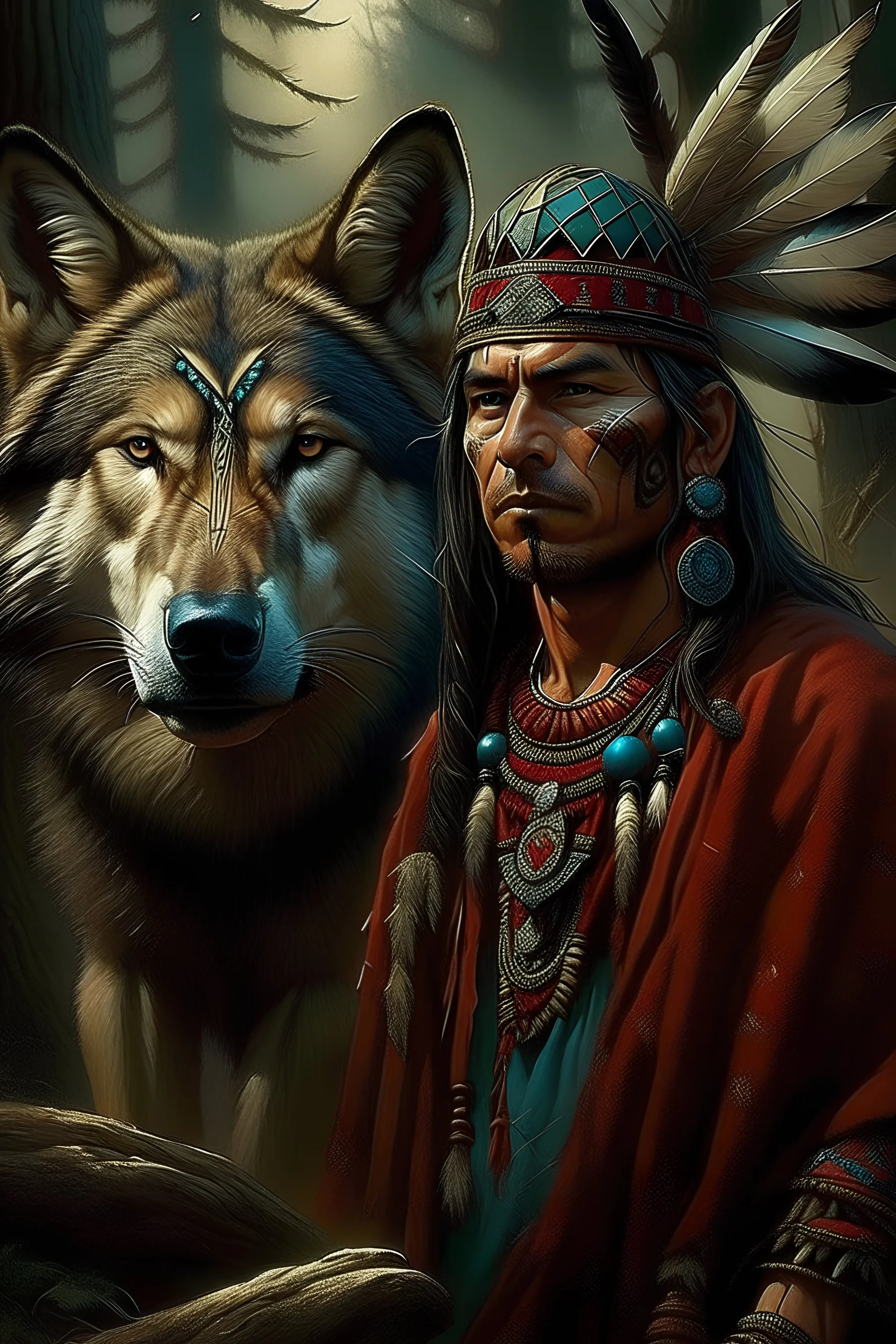 Extremely perfect cinematic humanized hyperrealistic image of Native American Indian and wolf, : native american shamen fantasy, Arte nativa americana, Nativo americano, Arte nativa, tribo antiga, Indigenous, Indian warrior, Guerreiro nativo americano, Um guerreiro nativo americano, INDIAN, Directed by: Stan Stokes, imagens tribais antigas, avian warrior, warrior spirit, awesome art, aboriginal, indigenous art, native american folk art, 16k, highes definition, rosto detalhado, rosto detalhado, o