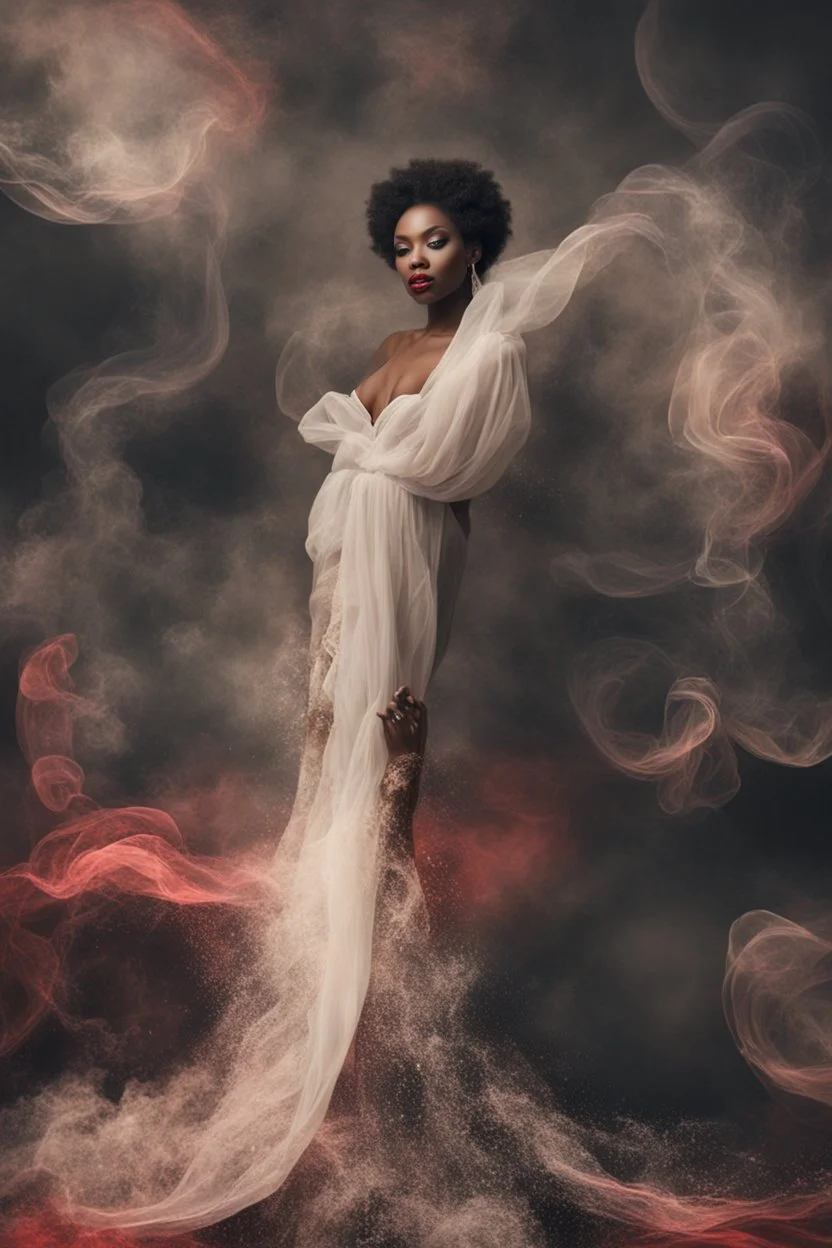 beautiful black women in red Smokey ethereal, heavenly background