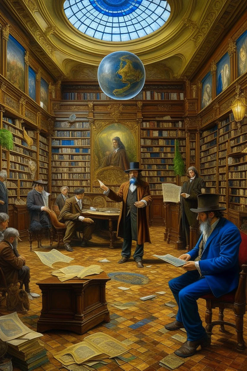 A grand library lobby filled with eccentric characters, including a man named Leibowitz, examining a mysterious triptych. The first panel shows a theme of purposelessness, the second of revelation, and the third of transformation. In the foreground, a stranger presents a Norwegian floppy disc containing ancient Gnostic writings. The scene is filled with intrigue and hints of secret knowledge, with characters showing a mix of skepticism and fascination. The library is ornate, with books and artif