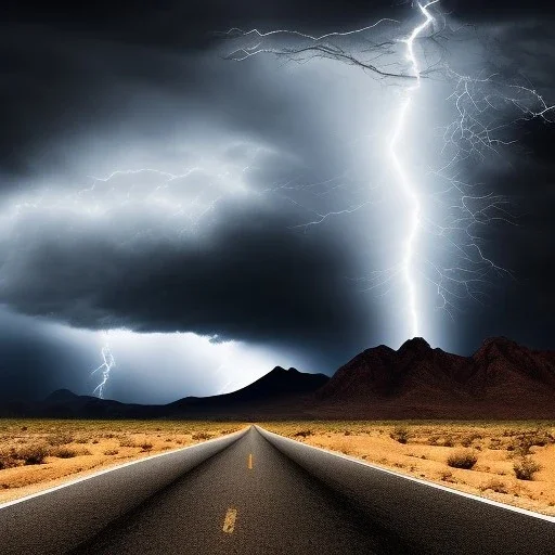 desert, storming, lightning, rainy, mountains, dirt road, landscape, black and white