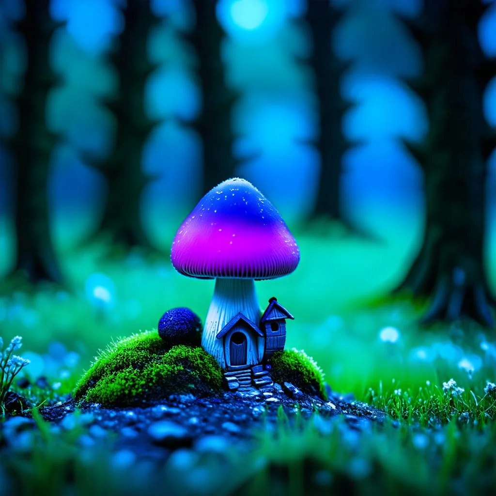 "Close up of a wonderful tiny Mushroom Tower home. indigo and magenta with bright white, deep black and contrasting tones of gray. Illuminated bioluminescent forest. Professional painter, master at composition. small but detailed. broken, blurred background, voluminous lighting"