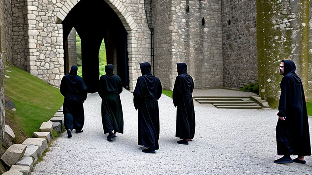 black robe hooded monks in the stone castle