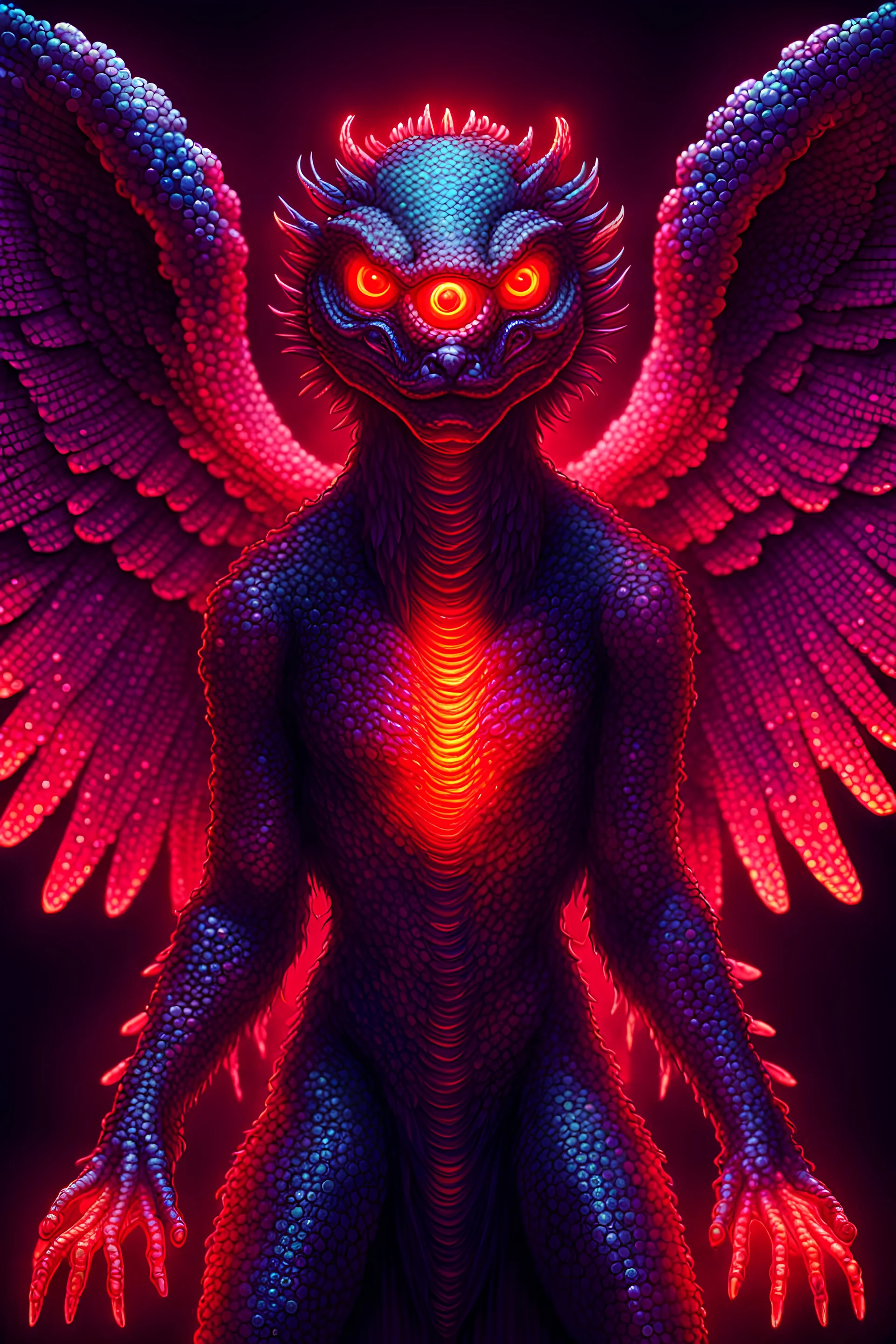 Reptile angel, shiny red eyes, scary, barf art, highly detailed pixel art, scifi, retro, neon fluorescent aura, extreme attention to details, exaggerated, strange