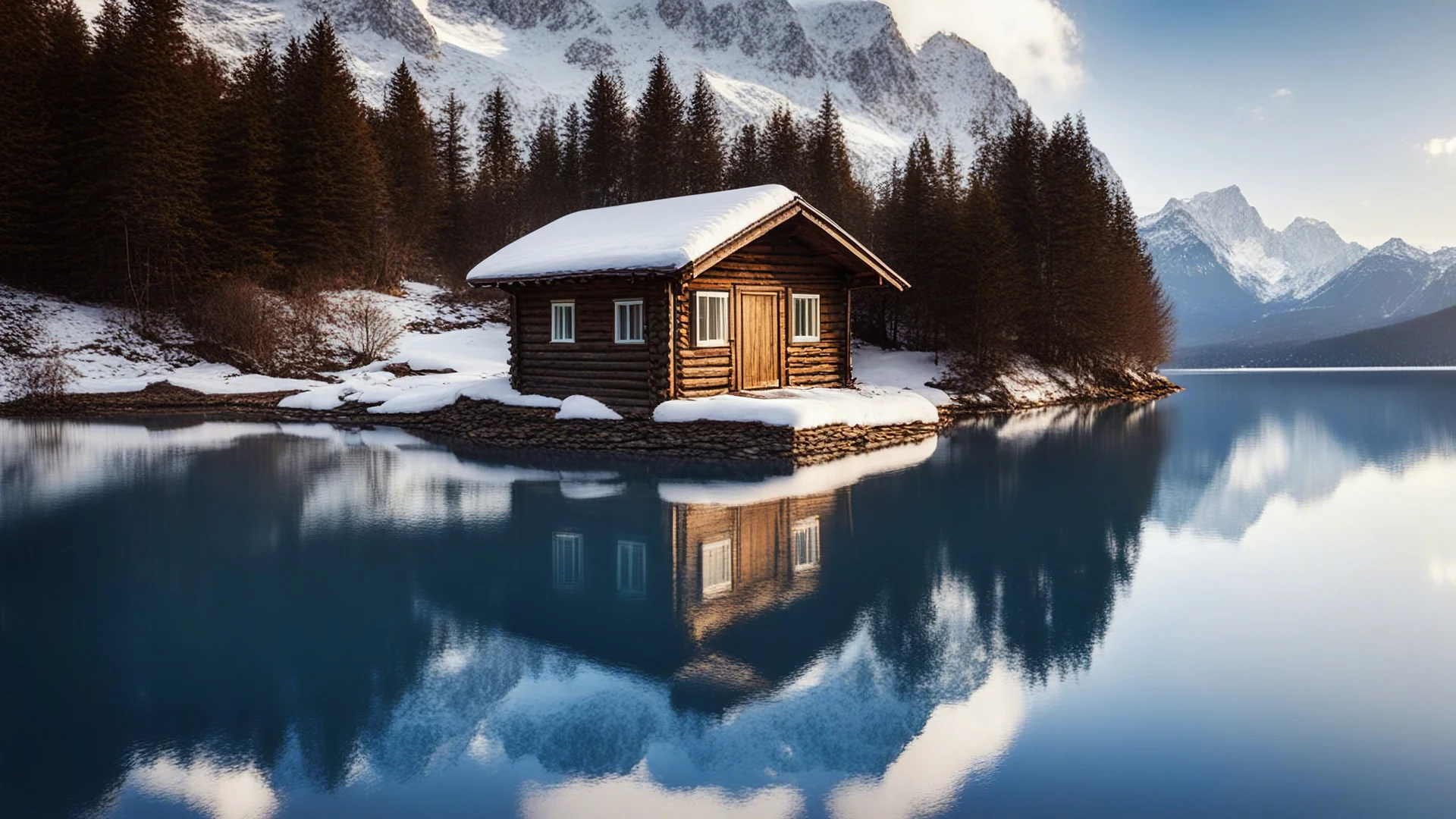 Snowy mountain peaks, small wooden house on the shore of a blue lake, sunny day