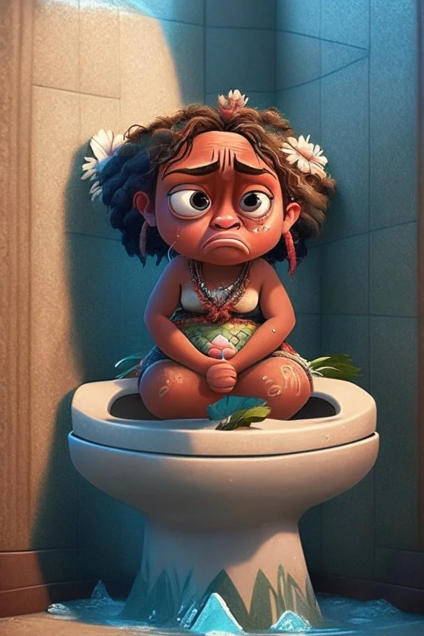 Moana sitting on a toilet