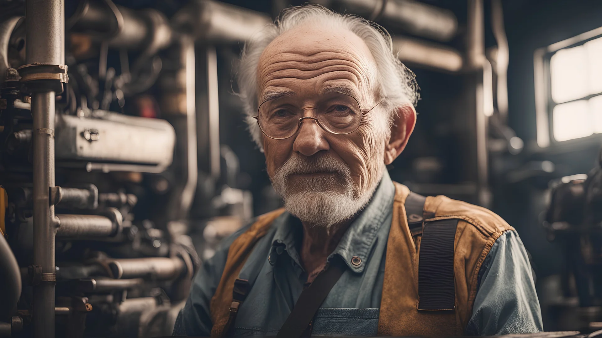 Cinematic picture of old mechanic grandpa with 16K