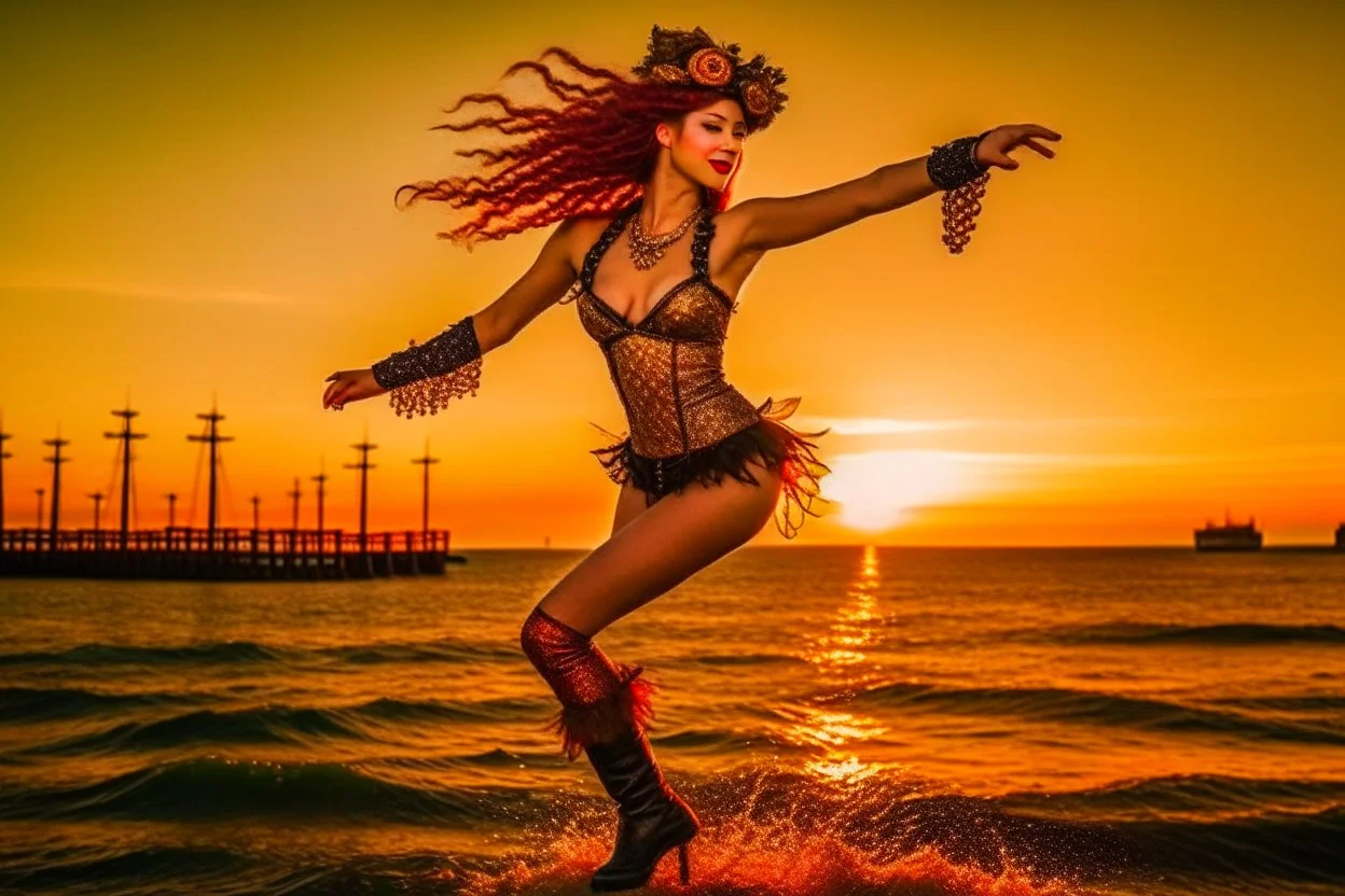 the most Beautiful steampunk Mermaid, jumping out of the Ocean at sunset