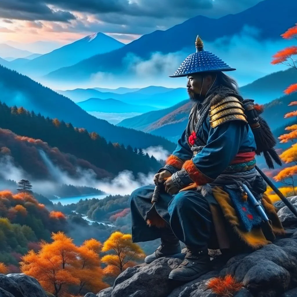 Samurai in the mountains hyper-realistic hyper-detailed 8k oil painting