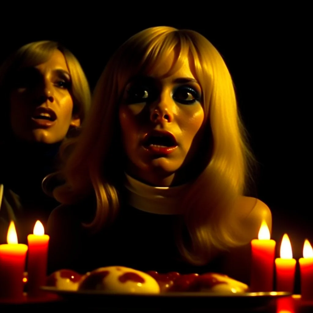 Horror movie shot, spooky, hot, ultra realistic, dine, black, ultra realistic hot blonde women, party, pieces of meat, organs, ail, dynamic, very excited people, hypermaximalist figures, they come, 1970's Italian horror movie, sinister, enorme cazo, Dario Argento, Stanley Kubrik, ornate, 4k, photorealism