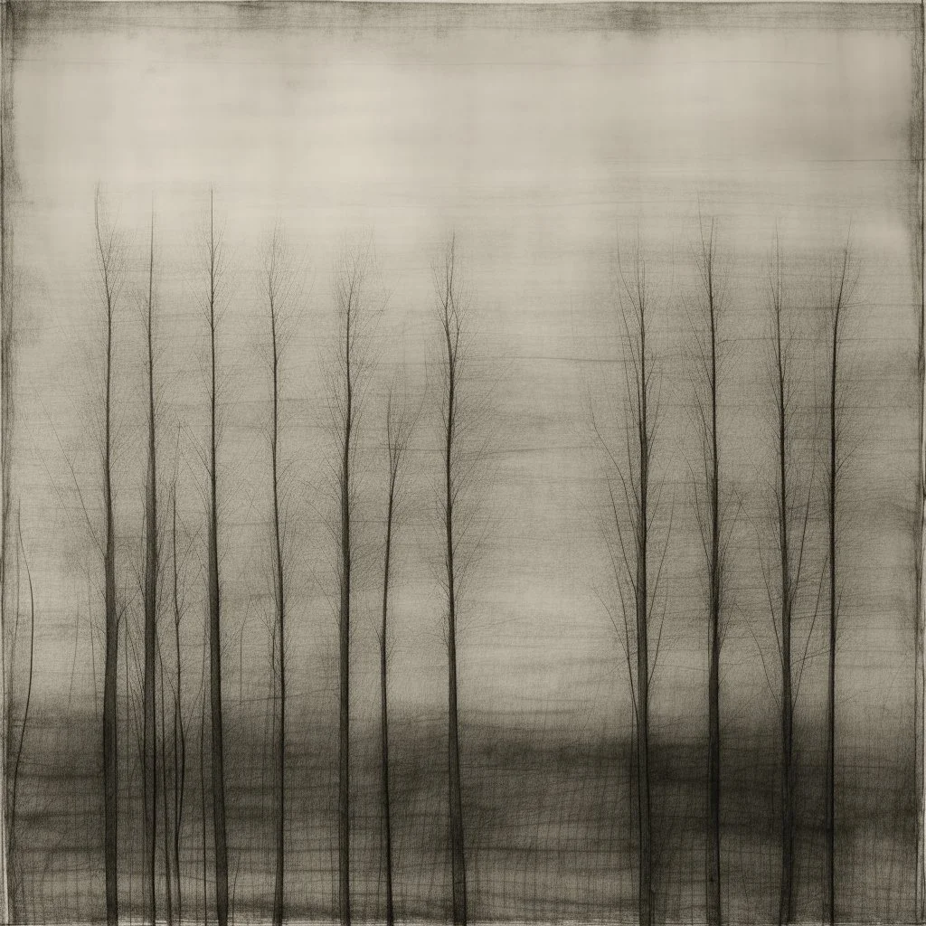 Minimalist rough abstract dusty Charcoal drawing of distant trees on a textured gesso background