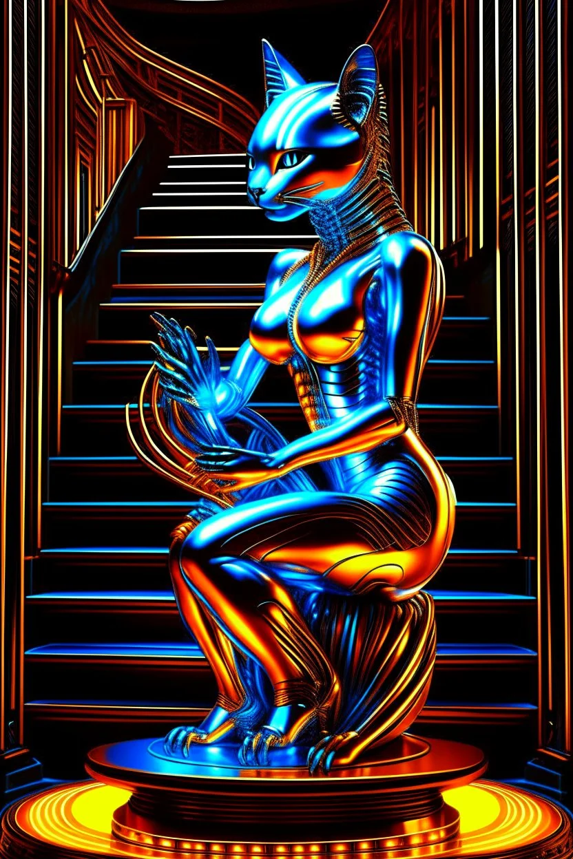 chrome chat robot cat woman creating crazy revenue in the style of escher and giger, spray paint, photo realism, trending on art station, 8k, depth of field, down light, light rays, volumetric, reflective spiral staircase, blue, brown and orange