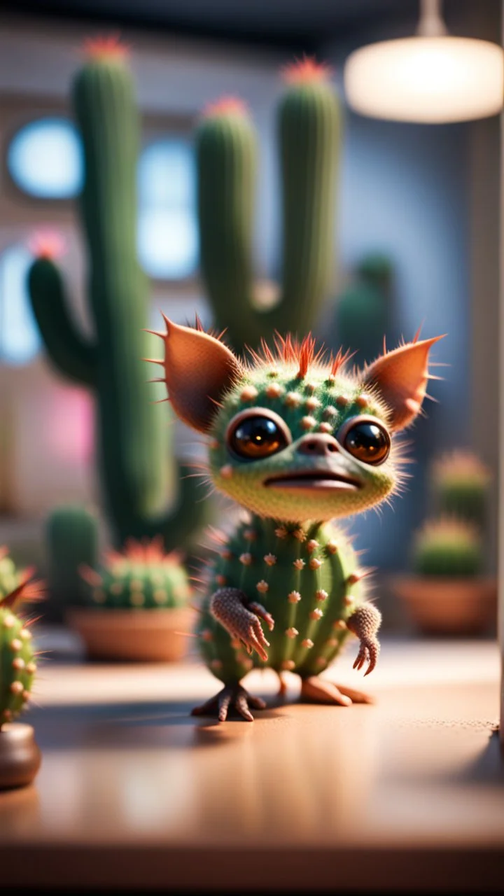 cactus gremlin in art gallery,bokeh like f/0.8, tilt-shift lens 8k, high detail, smooth render, down-light, unreal engine, prize winning