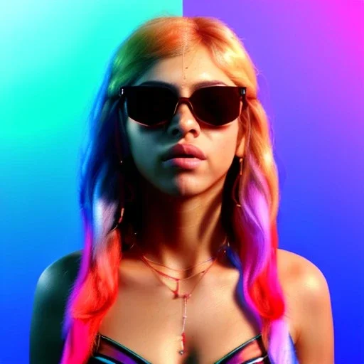 Shakira, artist, 30 years old, Realistic image, waist up portrait, etro style dress. Gucci sunglasses. Blonde, loose long hair, eyes make up, perfect, glow, circle iris. Feather, Neon colors, leds, geometric shapes. Dark background, photo studio, neon lights. Cyberpunk, concept art, smooth, unreal engine 5, god lights, ray tracing, RTX, lumen lighting, ultra detail, volumetric lighting, 3d, finely drawn, high definition, 4k.