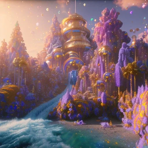 blue gold and violet landscape with multicolored crystals falling from the sky, full of details, smooth, bright sunshine，soft light atmosphere, light effect，vaporwave colorful, concept art, smooth, extremely sharp detail, finely tuned detail, ultra high definition, 8 k, unreal engine 5, ultra sharp focus